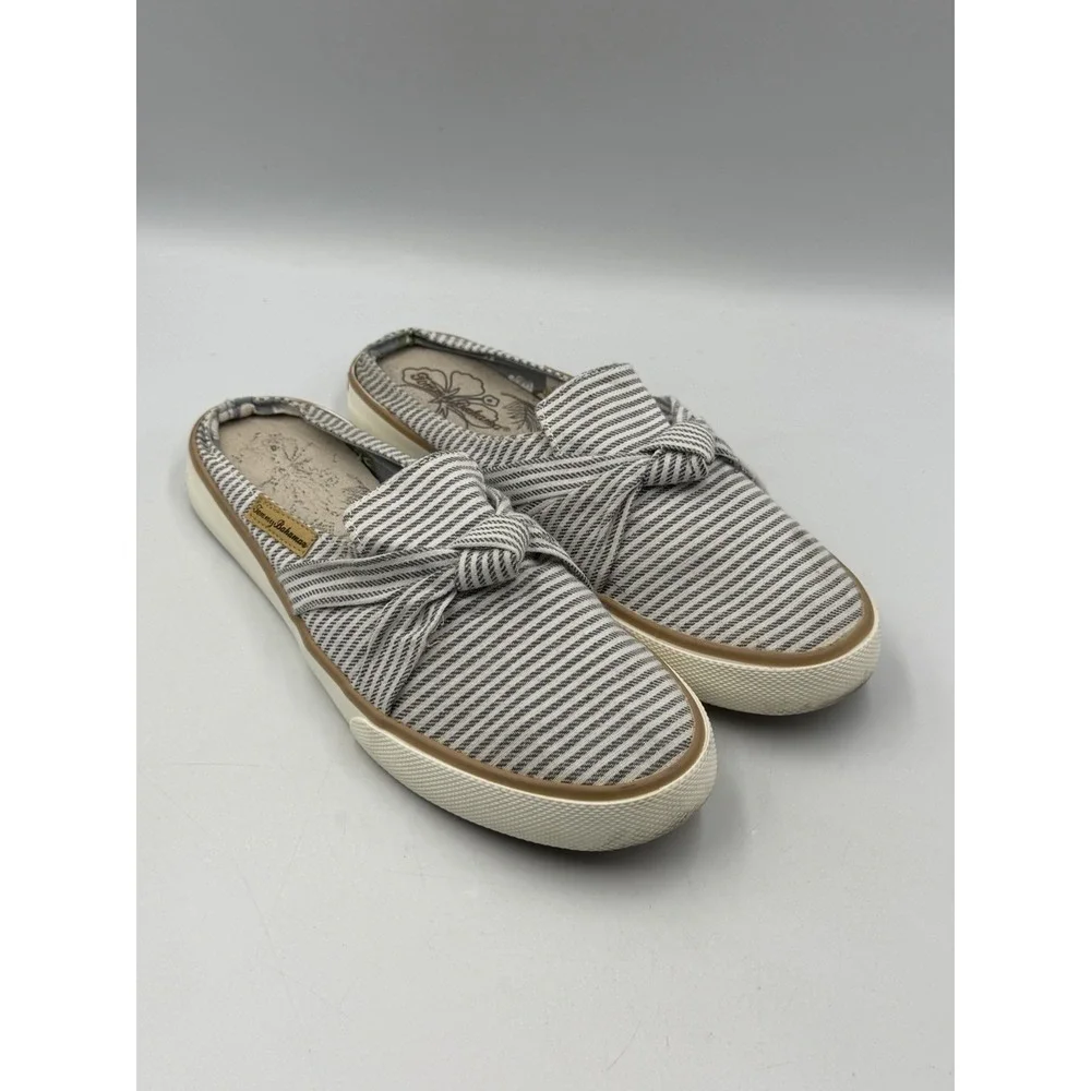 Tommy Bahama Womens 8 Striped Bow Slip On Mule Sneakers Blue White Coastal